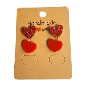 Classic Red Sparkle Heart Acrylic Stud Earrings - 2 Pair